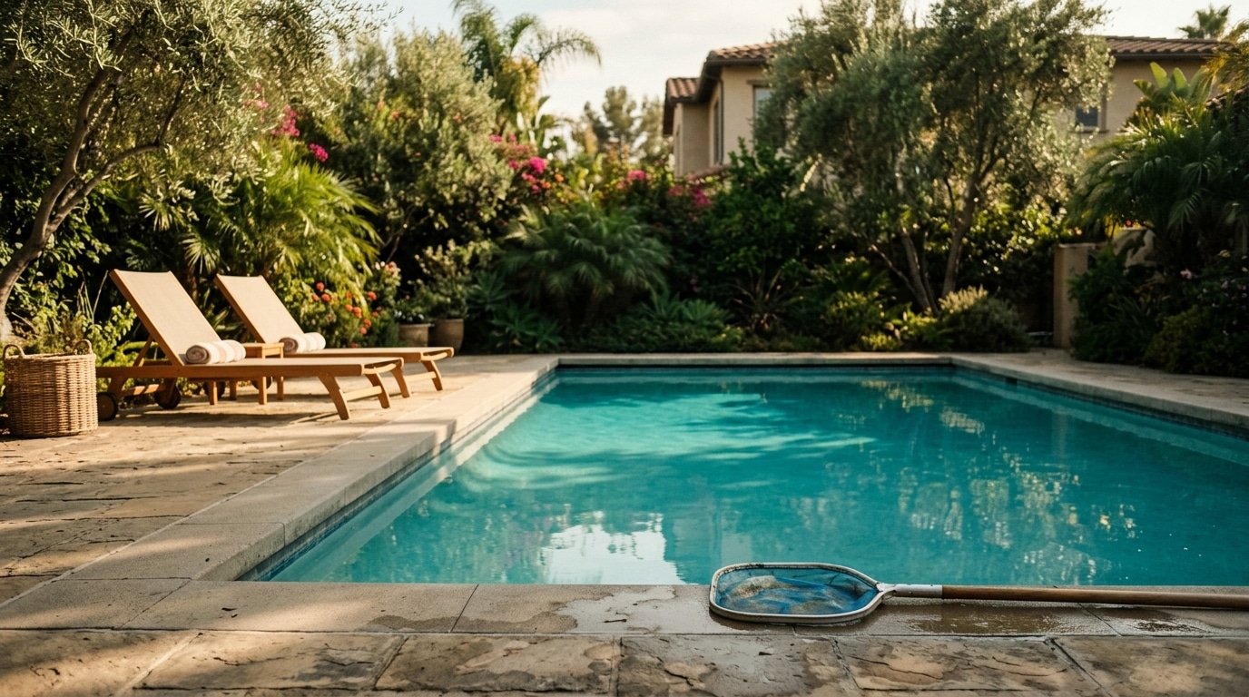 Piscine de jardin ensoleillée en fin d'après-midi