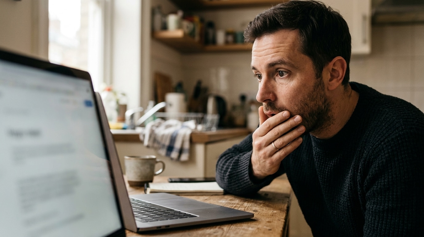 Homme stupéfait devant son ordinateur à la table de cuisine