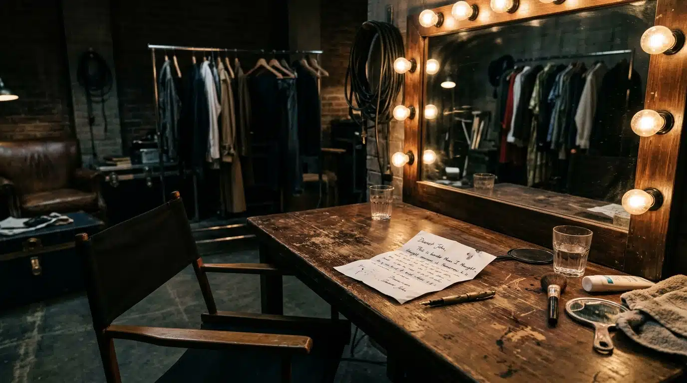 Loge de tournage vide avec lettre manuscrite posée sur une table