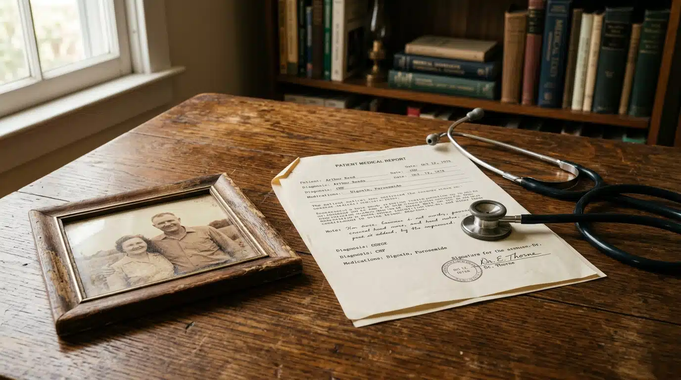 Rapport médical et photo ancienne sur un bureau