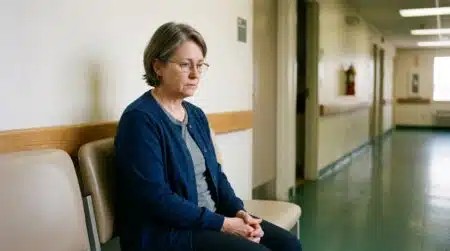 Patient assis seul dans un couloir d'hôpital sombre
