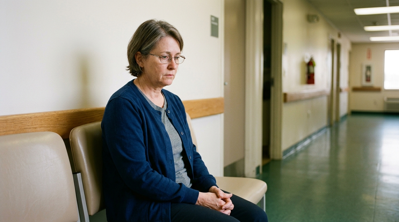 Patient assis seul dans un couloir d'hôpital sombre