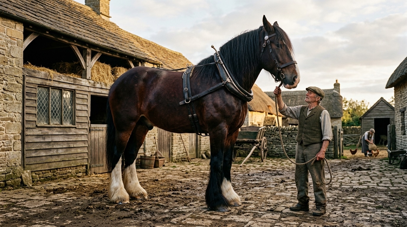 Cheval Shire géant du XIXe siècle dans une écurie