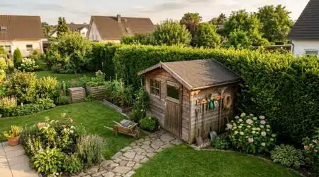 Abri de jardin en bois contre une haie vue aérienne