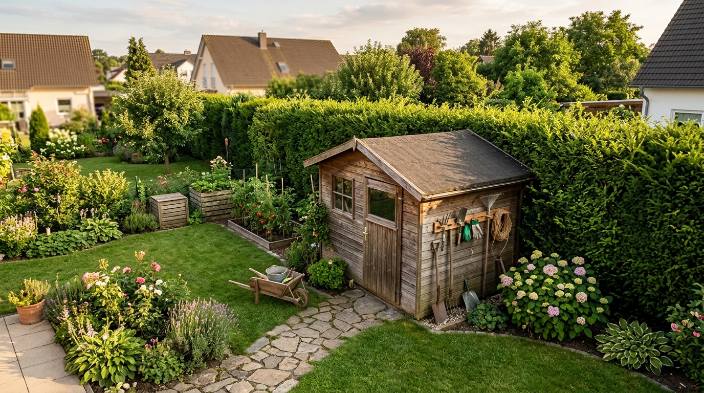 Abri de jardin en bois contre une haie vue aérienne
