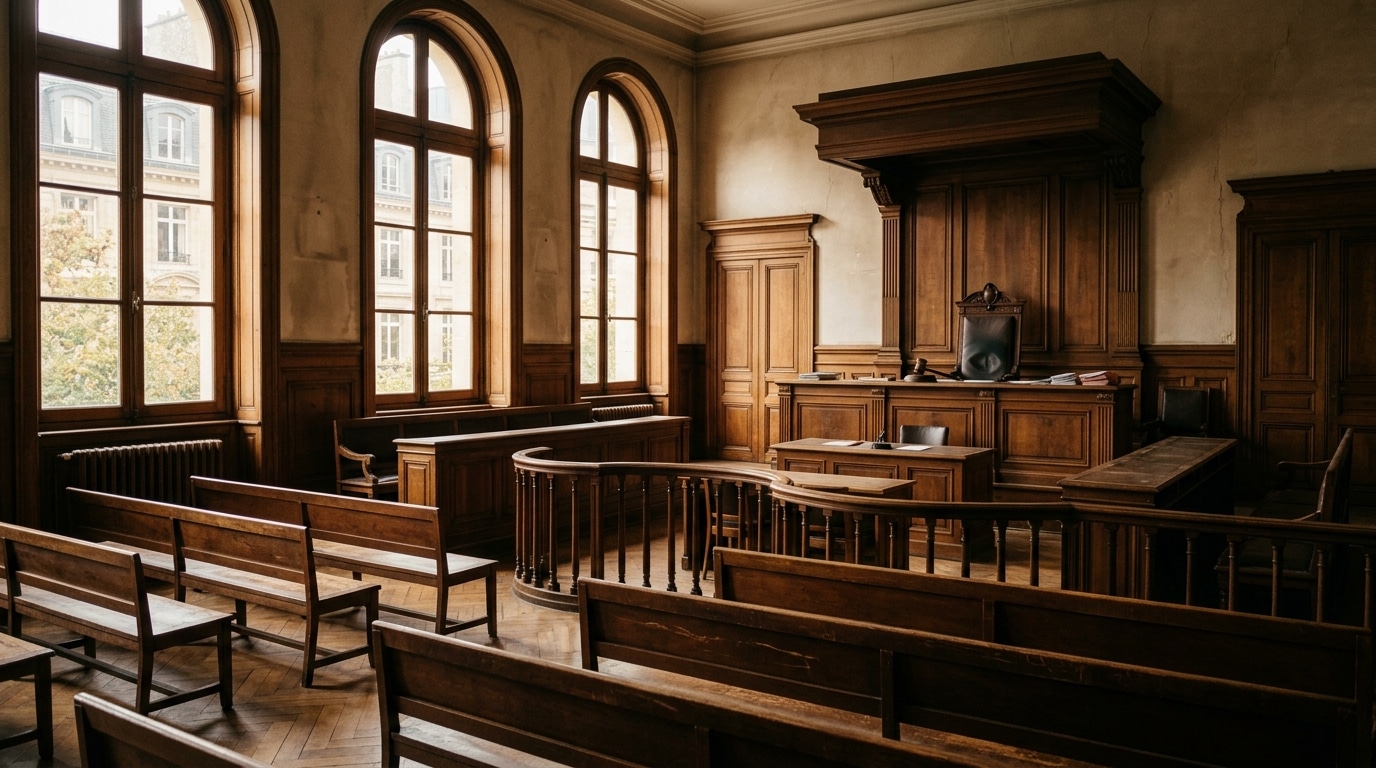 Salle d'audience vide d'un tribunal correctionnel français