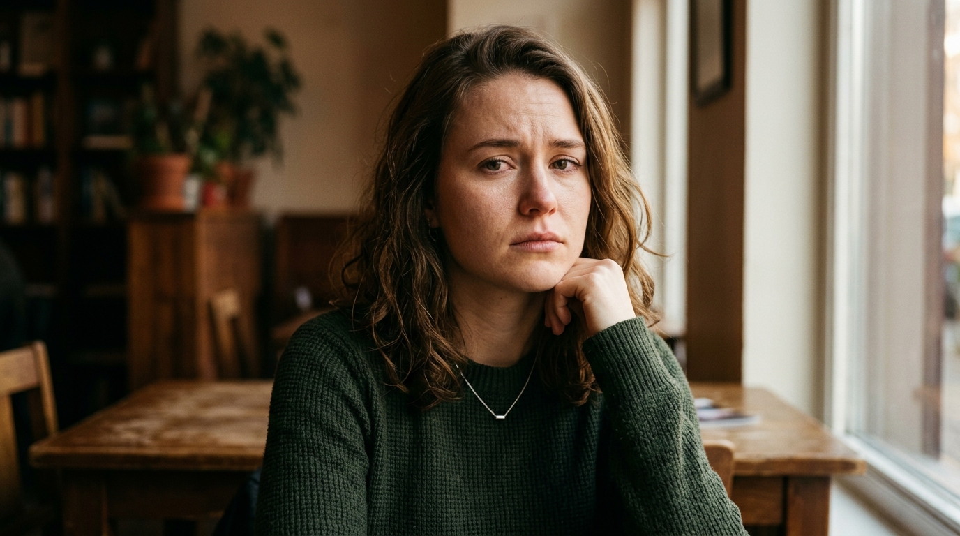 Jeune femme assise seule, expression pensive et grave