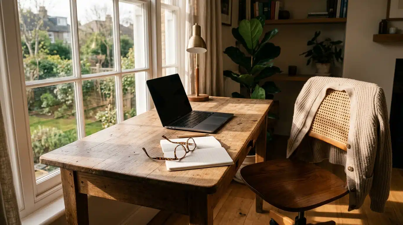 Bureau vide avec chaise et lunettes abandonnées