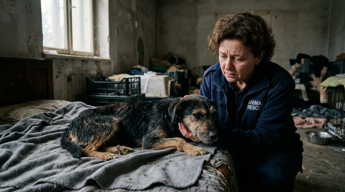 Chien amaigri secouru par une association de protection animale