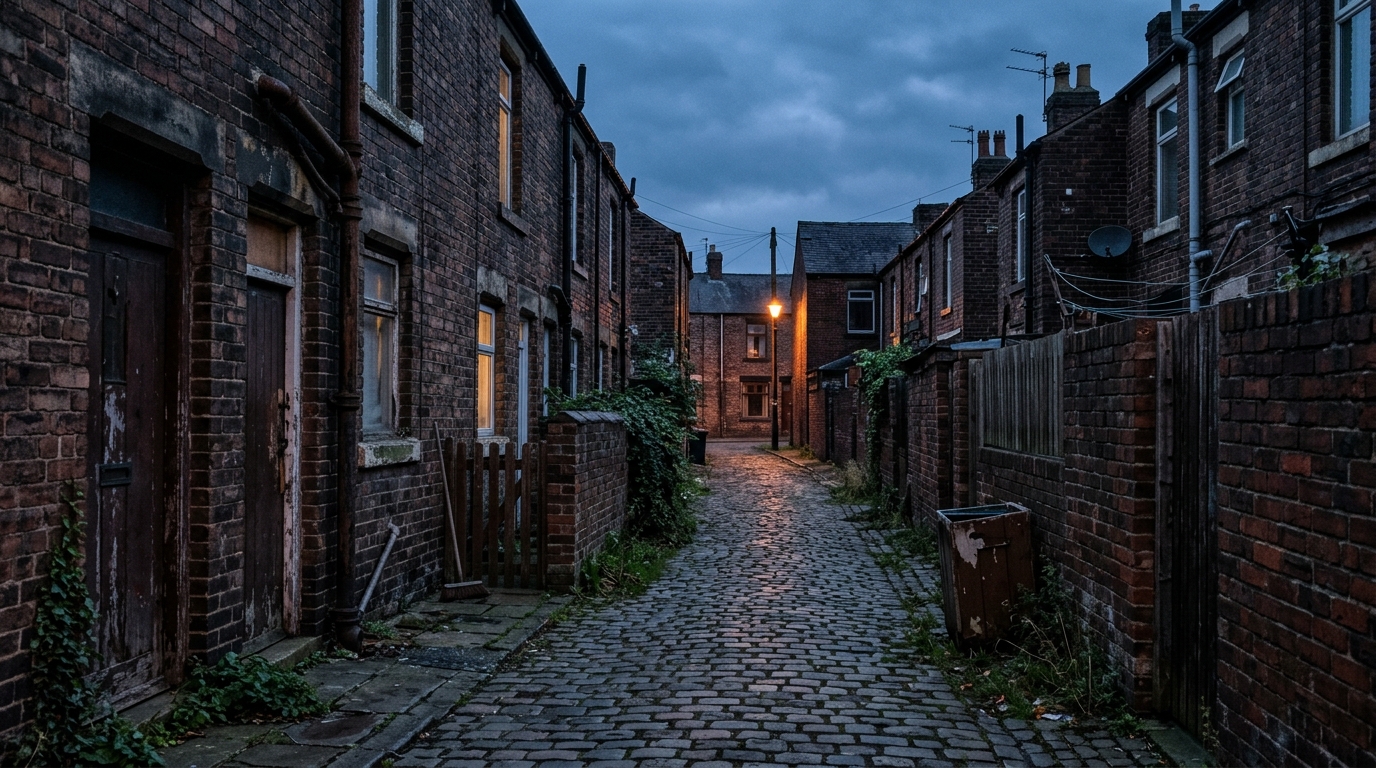 Ruelle sombre d'une maison en briques anglaise le soir