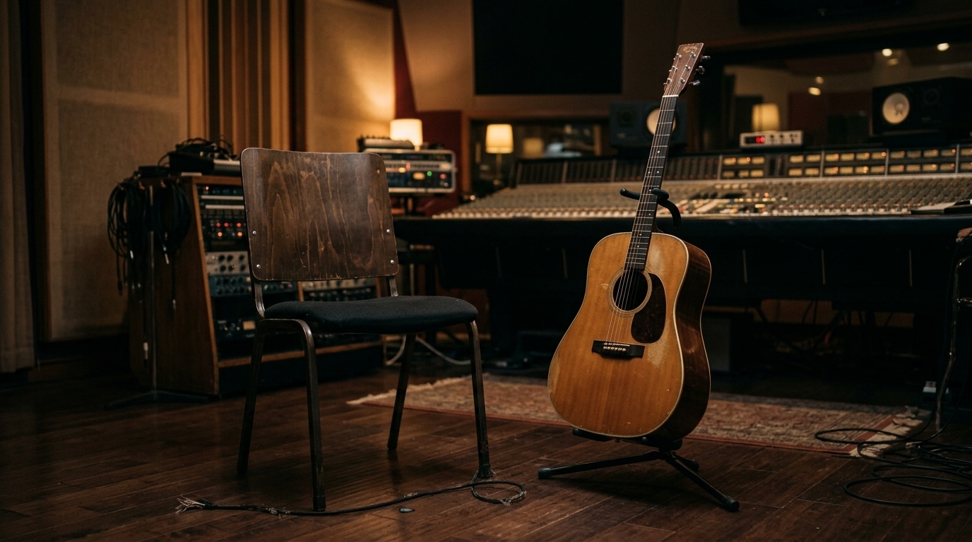 Guitare posée sans être jouée dans un studio d'enregistrement