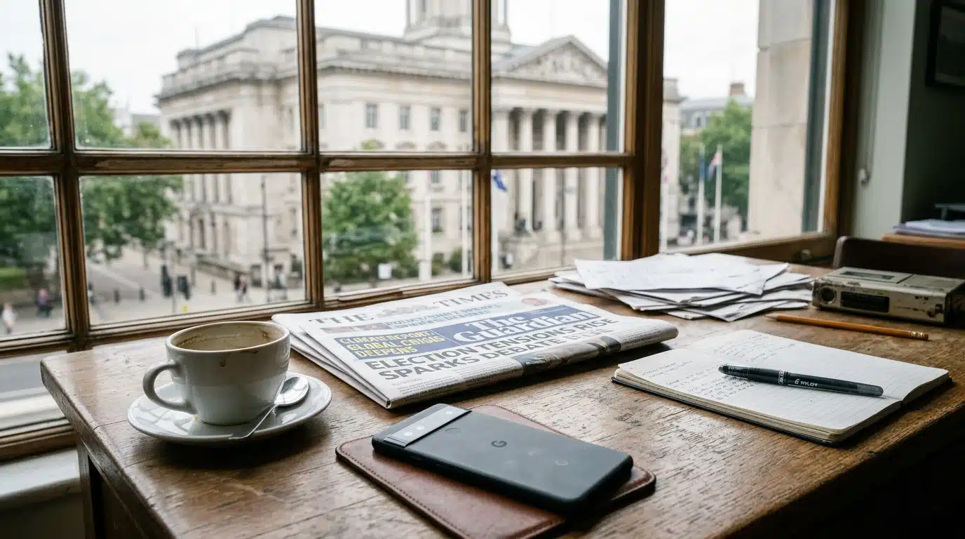 Smartphone posé sur un bureau devant un bâtiment institutionnel