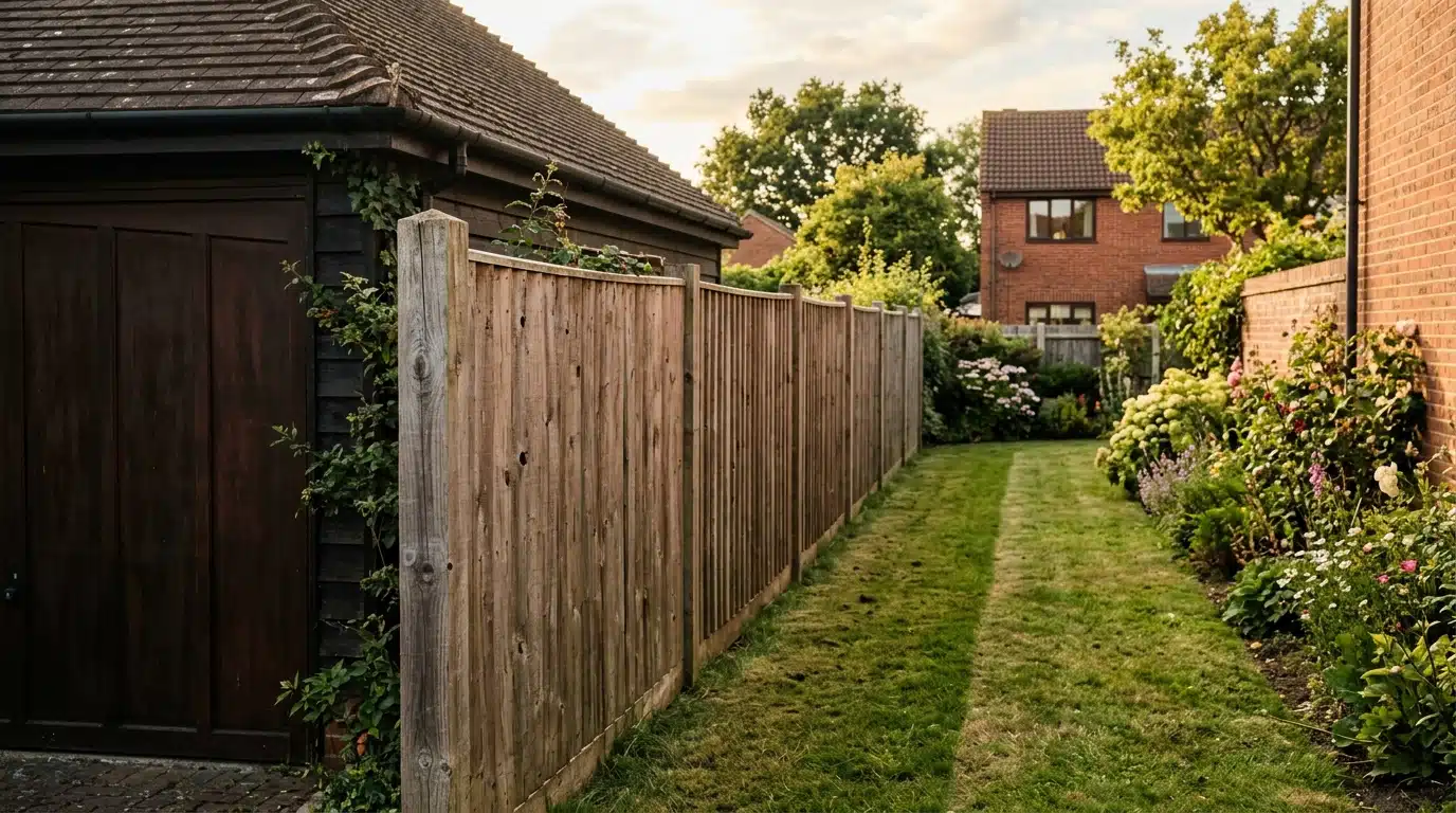 Bande d'herbe tondue derrière une clôture de jardin