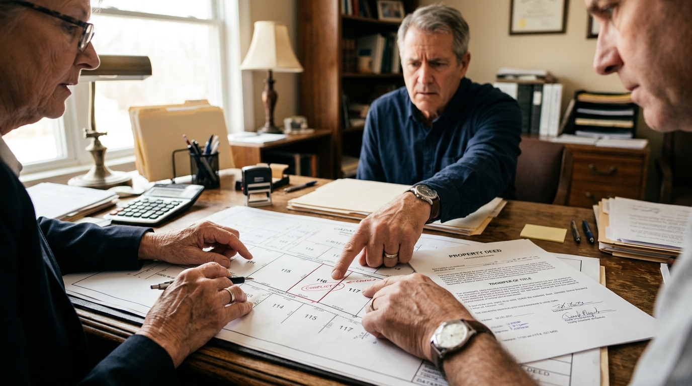 Main pointant un plan cadastral sur un bureau