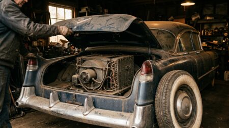 Coffre poussiéreux d'une Packard ancienne avec climatiseur