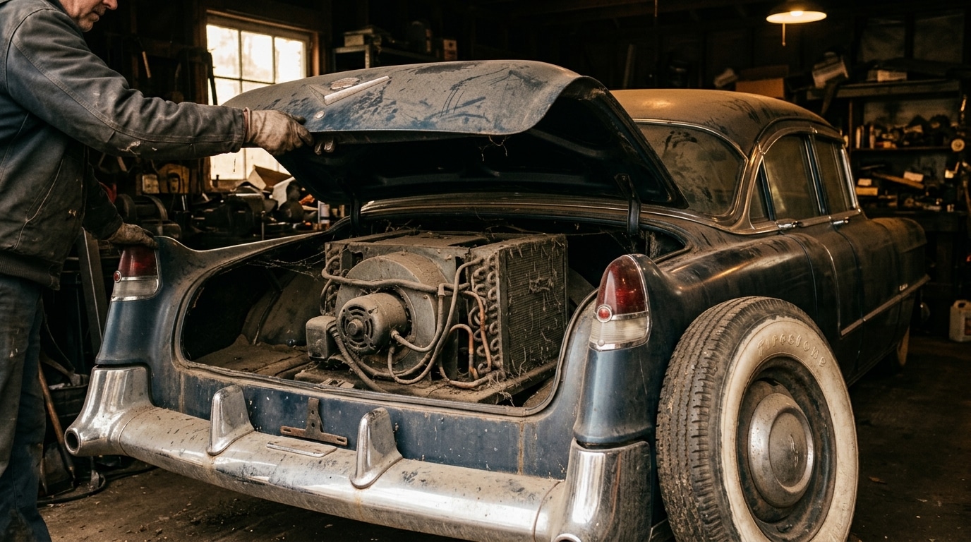 Coffre poussiéreux d'une Packard ancienne avec climatiseur