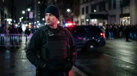 Policier en faction de nuit près d'un lieu de culte