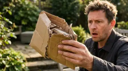 Homme effrayé tenant une enveloppe de livraison déchirée