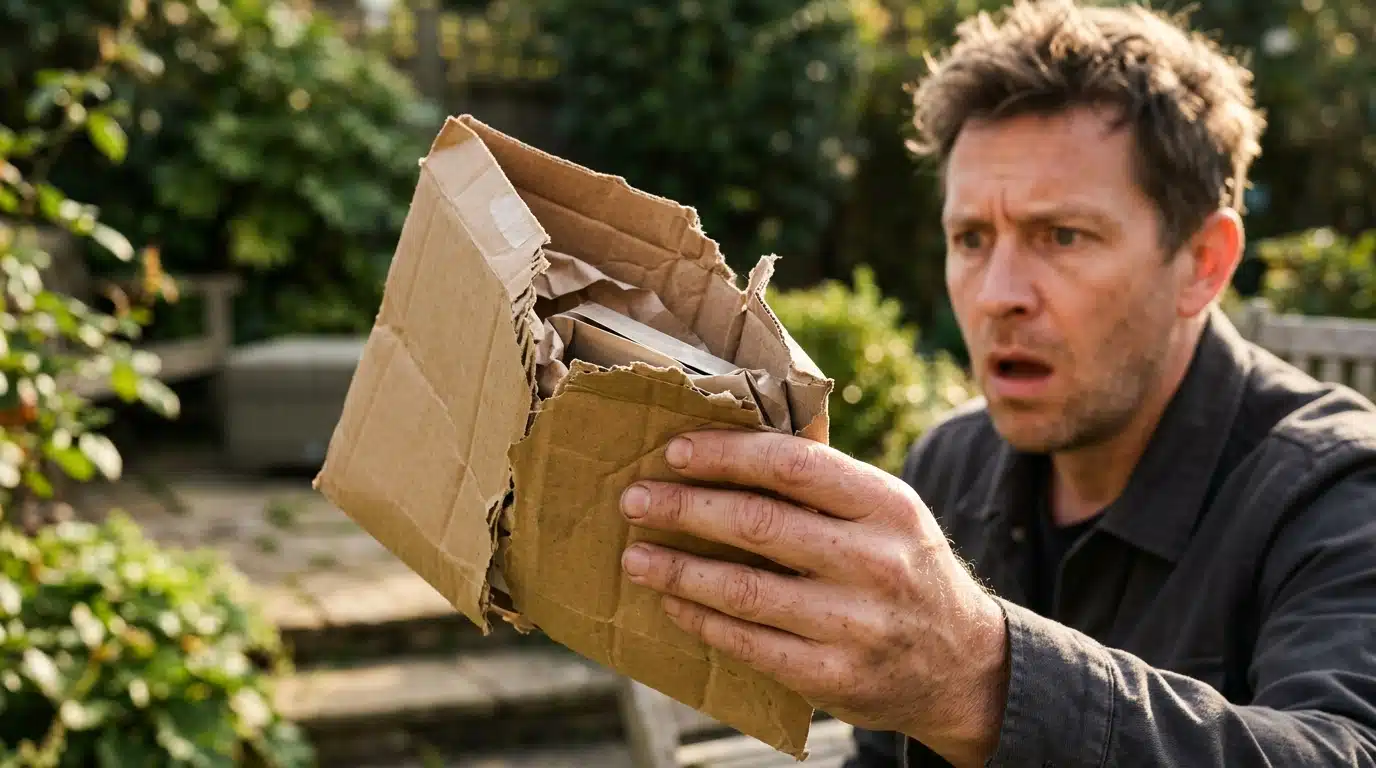 Homme effrayé tenant une enveloppe de livraison déchirée