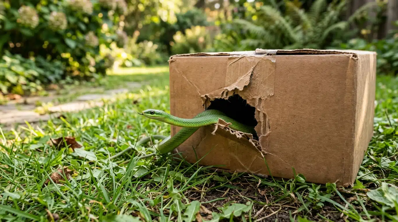 Serpent sortant d'un carton de colis sur l'herbe