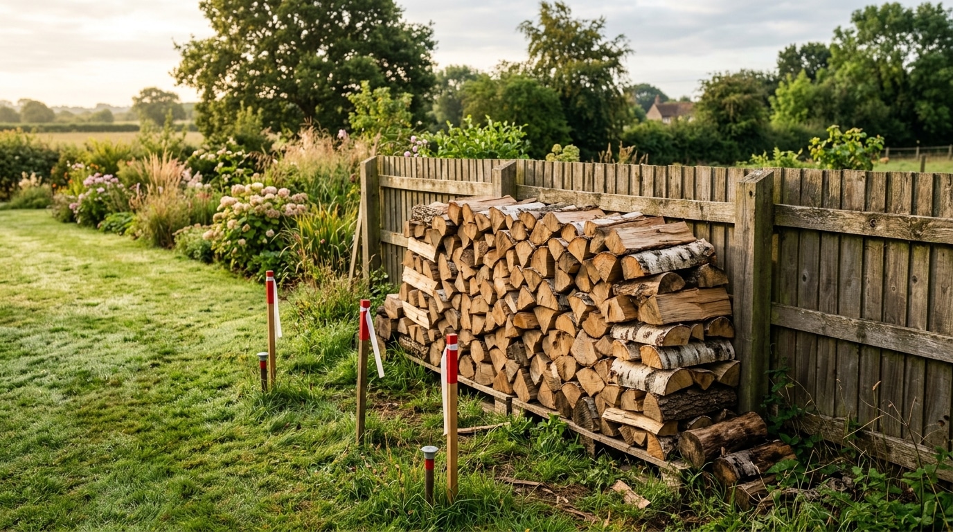 Tas de bois empilé contre une clôture de jardin