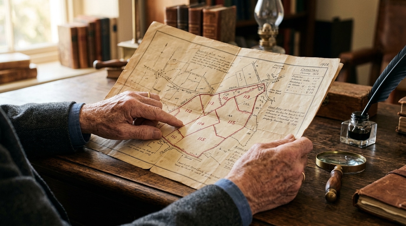 Mains tenant un plan cadastral avec limites tracées