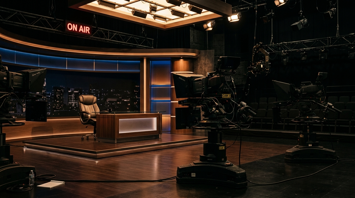 Plateau de télévision vide sous lumières spots dramatiques