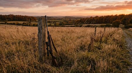 Champ agricole au crépuscule avec carabine posée