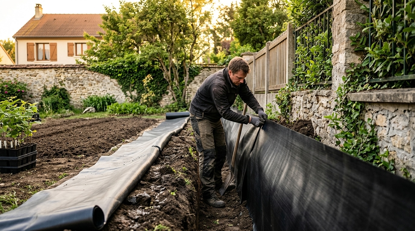 Installation d'une barrière anti-rhizomes avant plantation de haie