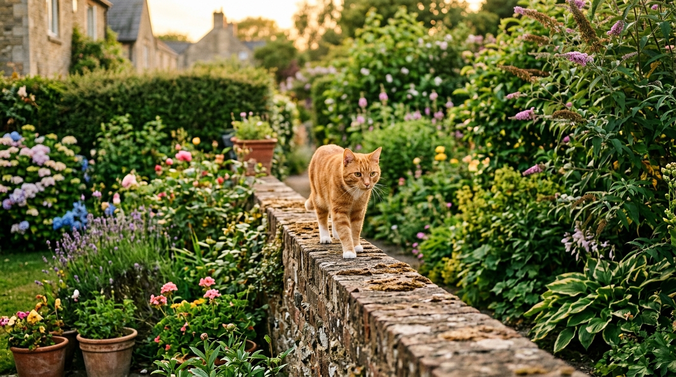 Chat roux marchant sur un muret entre deux jardins