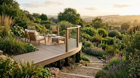 Terrasse en bois surélevée sur plots dans un jardin en pente