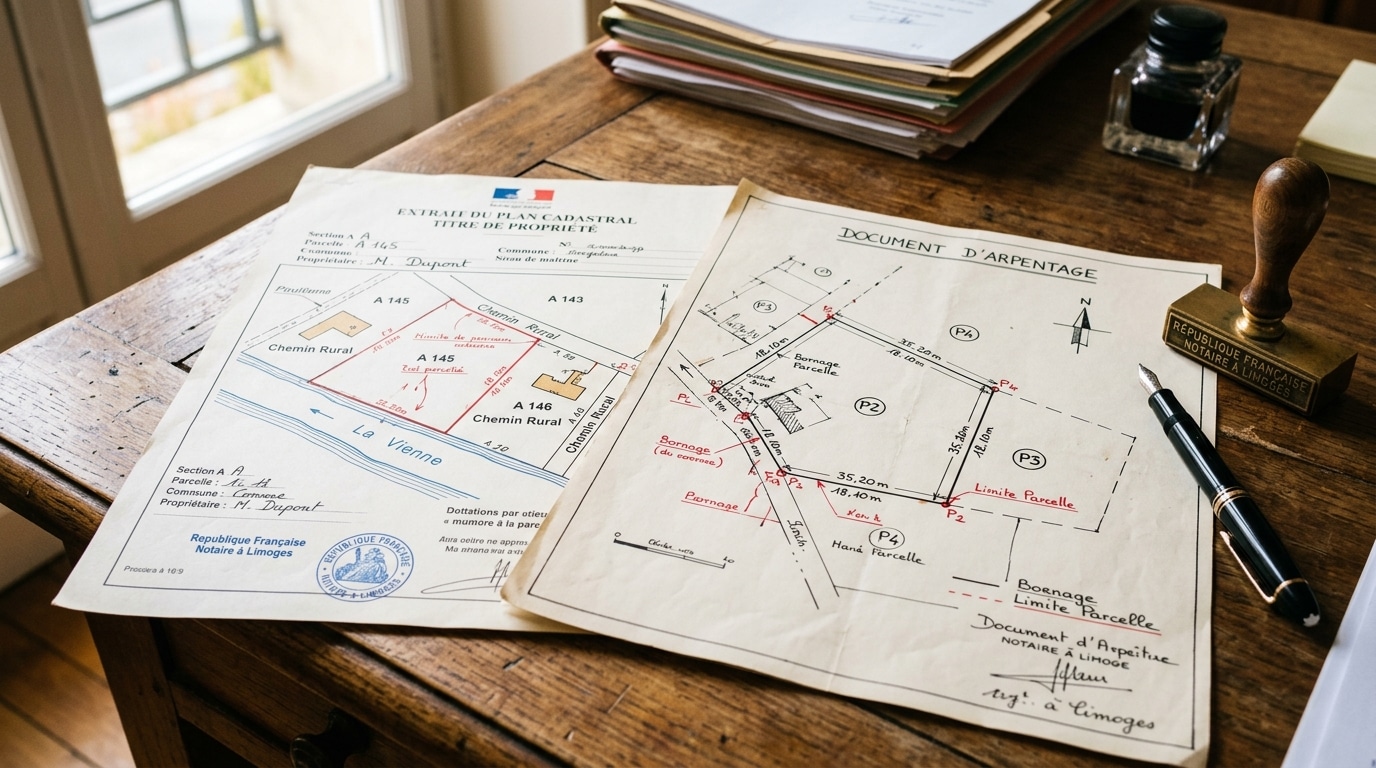 Documents cadastraux et plan de bornage sur un bureau