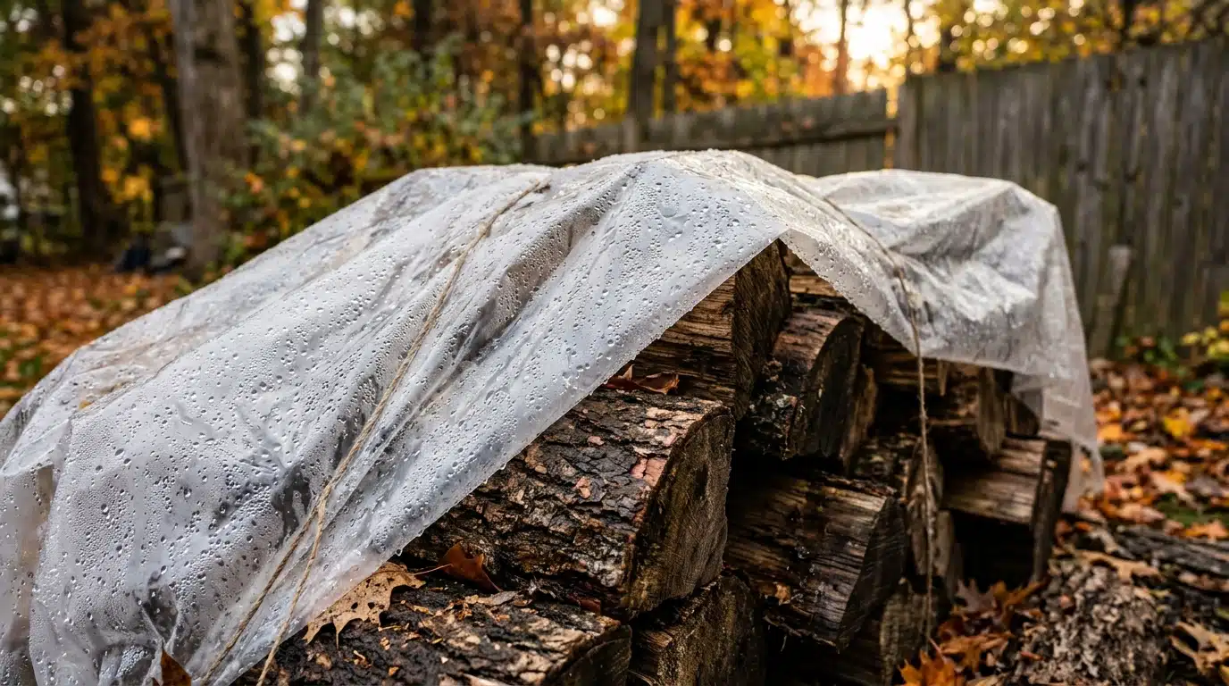Bûches humides sous une bâche plastique avec condensation