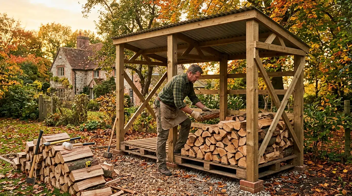 Homme construisant un abri à bois surélevé et ventilé