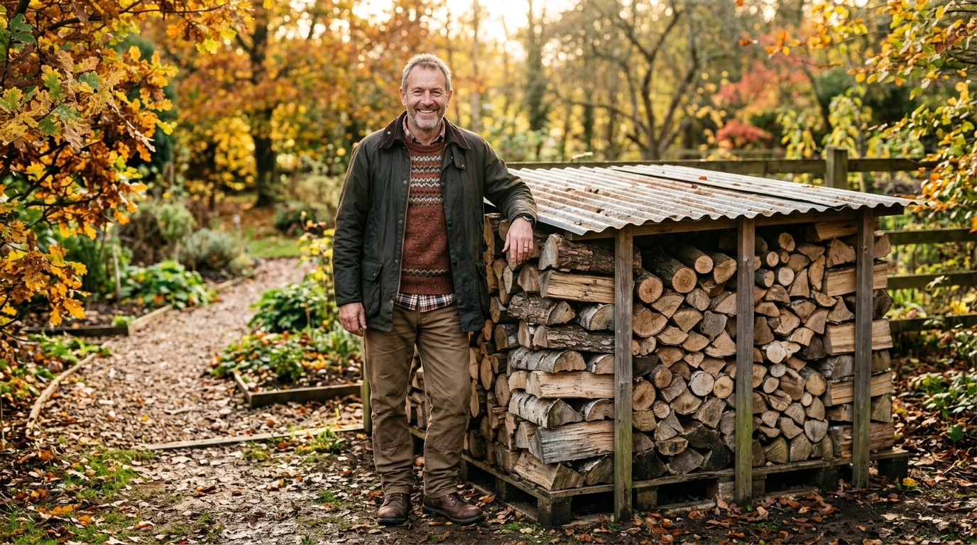 Homme souriant près d'un tas de bois couvert d'une tôle