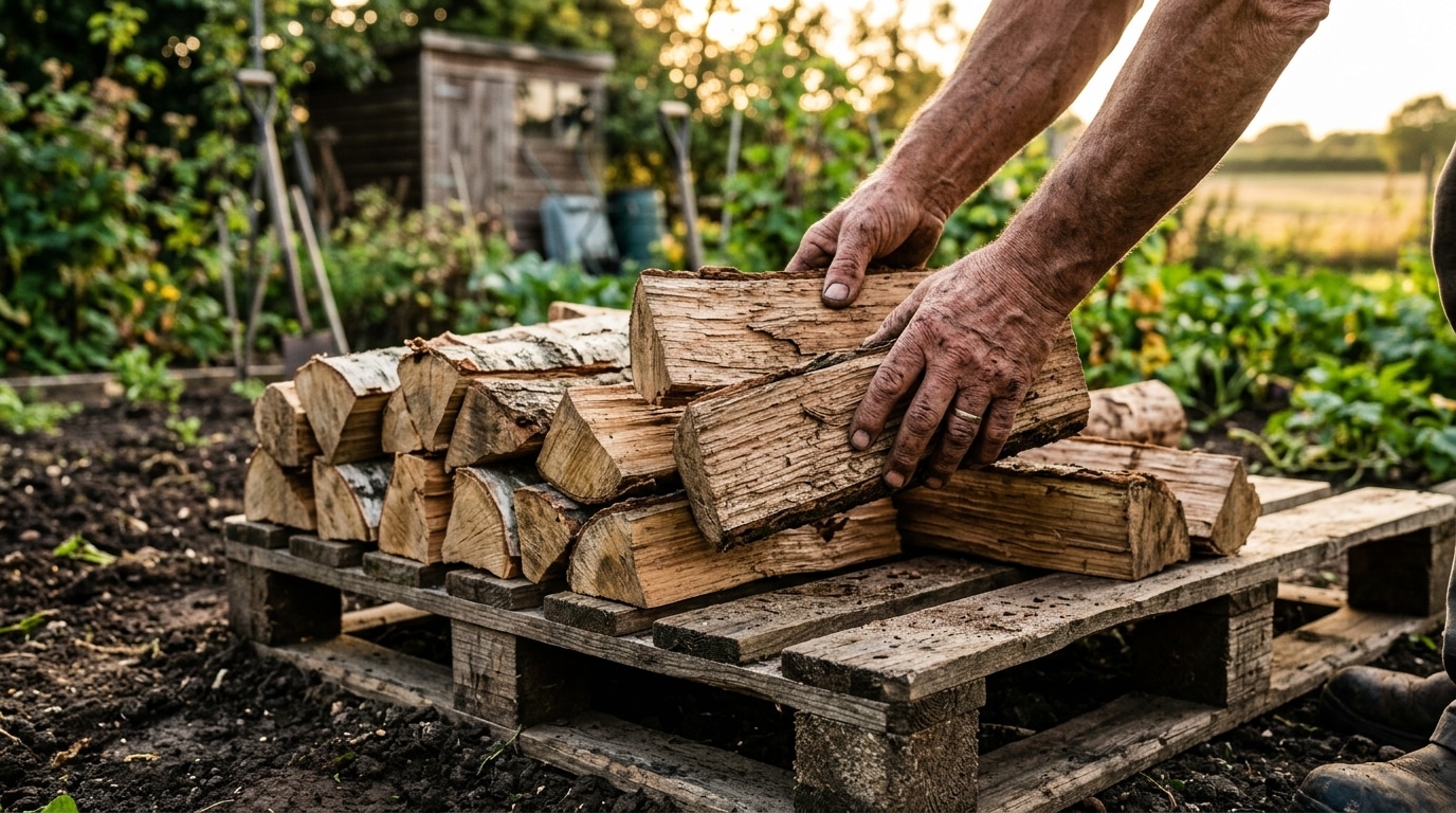 Mains empilant des bûches surélevées sur des palettes
