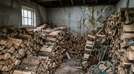 Garage rempli de bûches de bois entassées