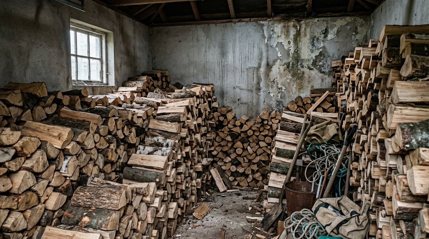 Garage rempli de bûches de bois entassées
