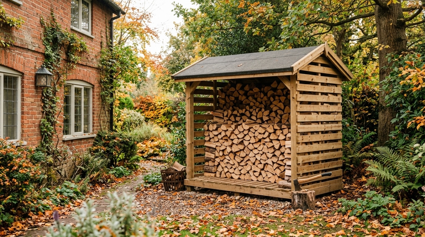 Abri à bois ajouré surélevé dans un jardin