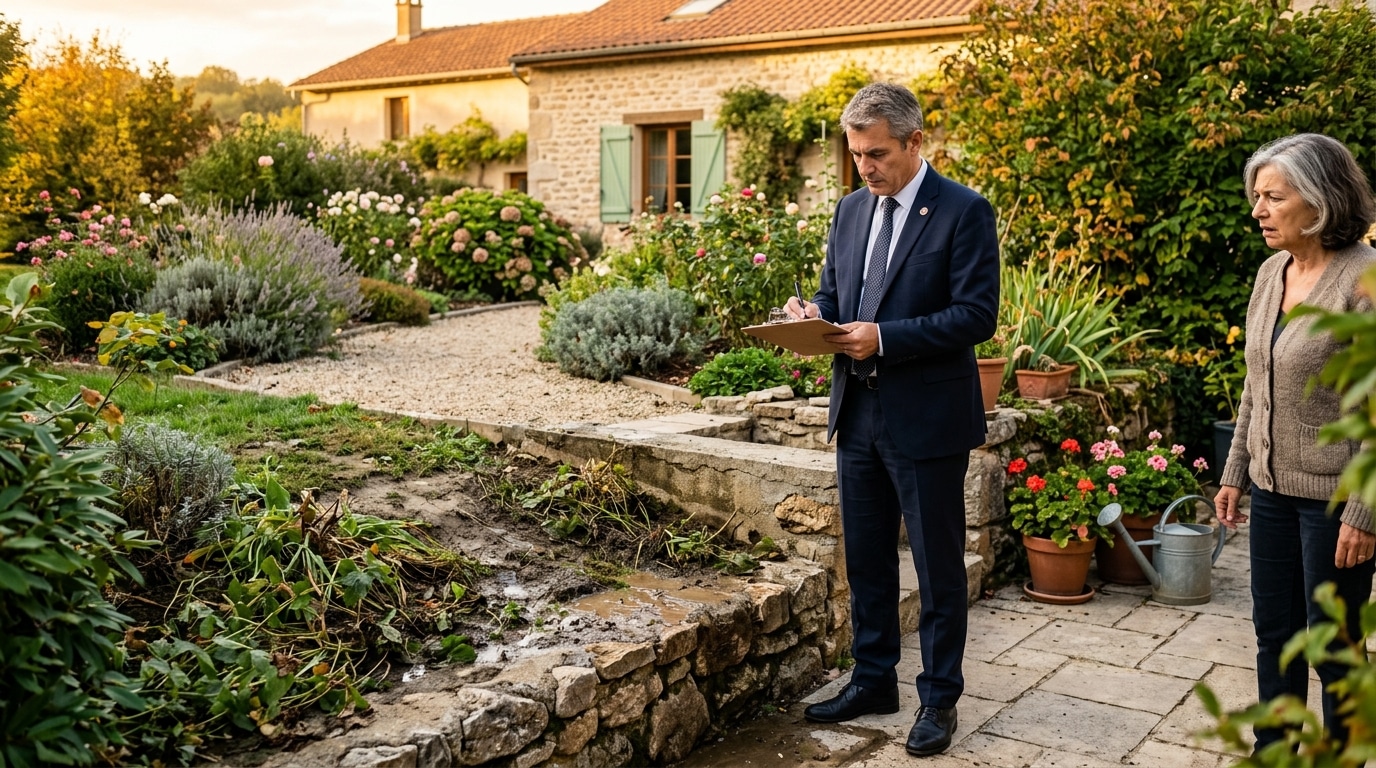 Huissier rédigeant un constat d'écoulement des eaux entre voisins