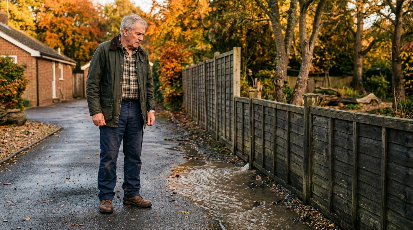 Homme inquiet regardant l'eau de pluie s'écouler vers la clôture