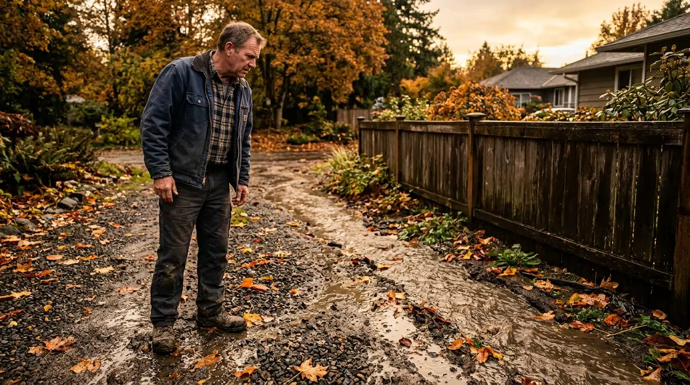 Propriétaire inquiet devant son allée remblayée qui inonde le voisin