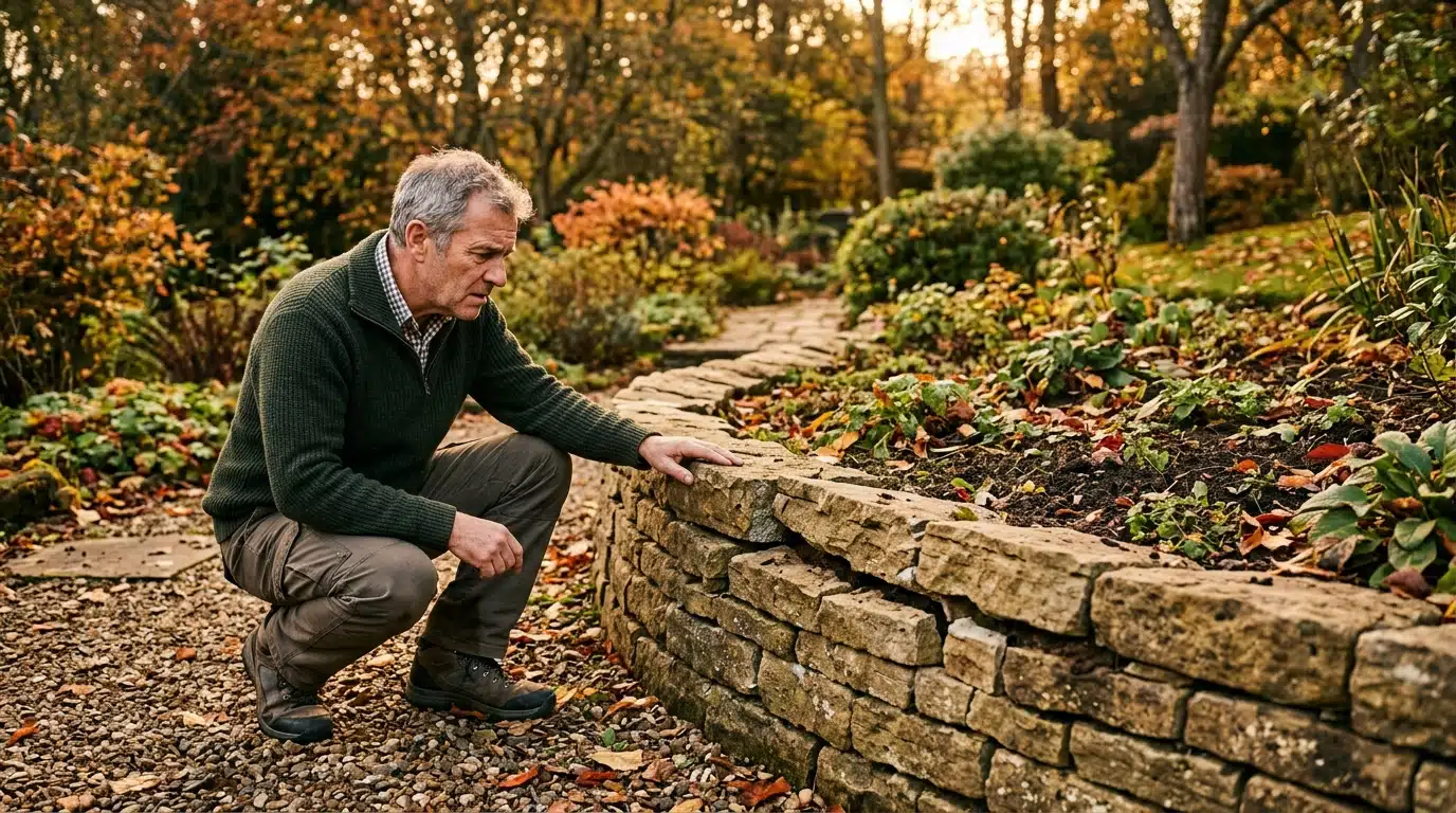 Homme examinant un mur de soutènement fissuré dans son jardin