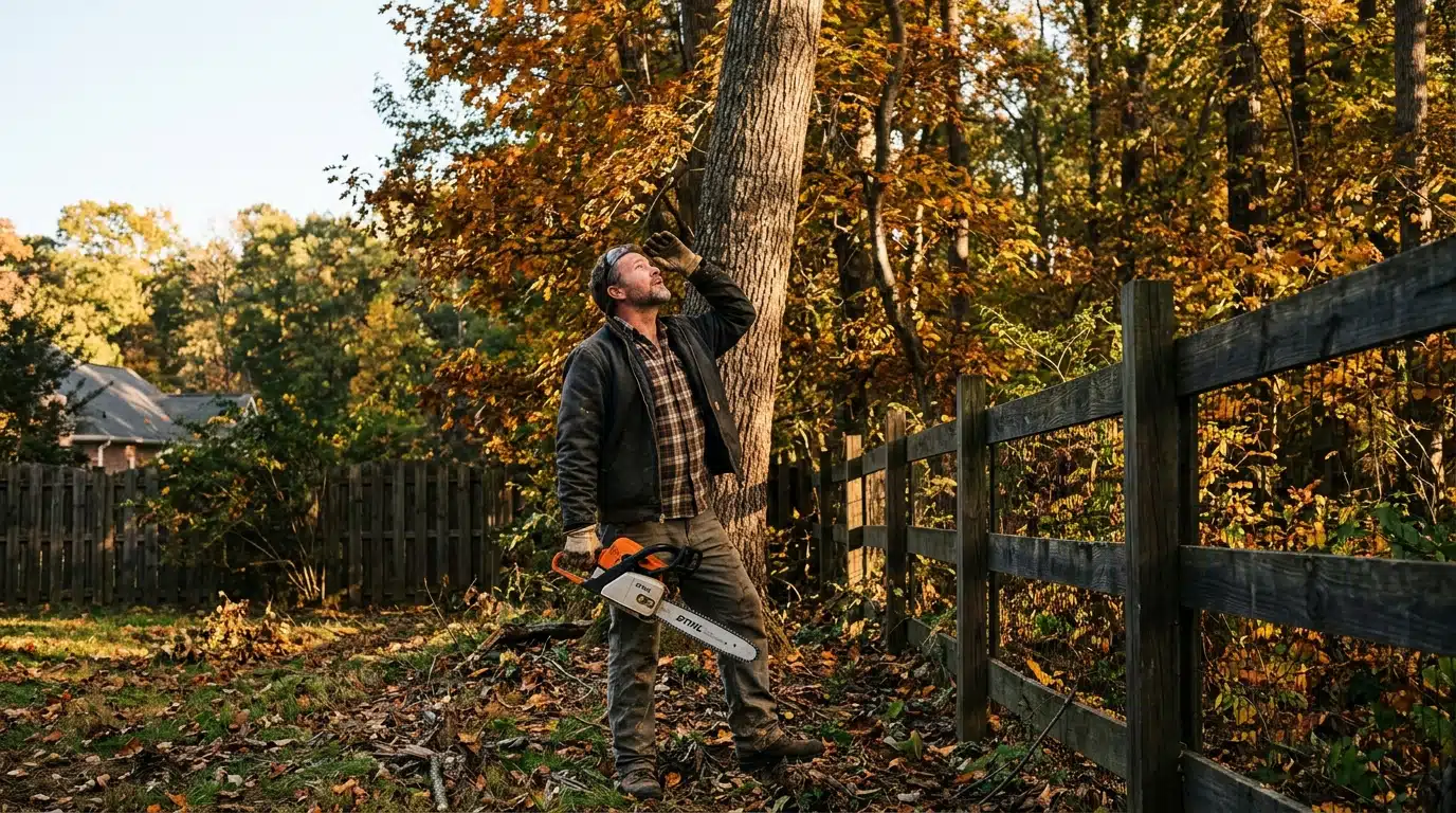Homme hésitant avant d'abattre un arbre en limite de propriété