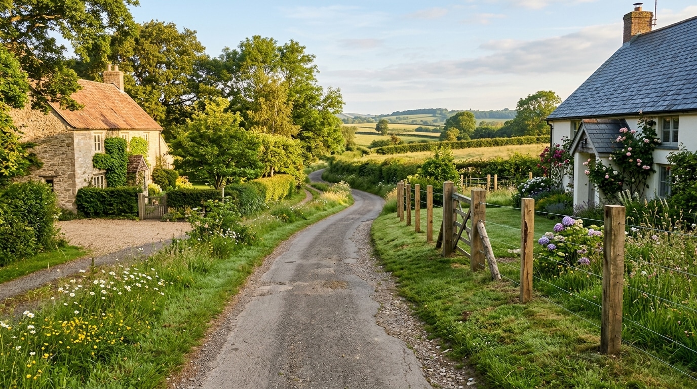 Chemin de campagne partagé avec poteaux de portail