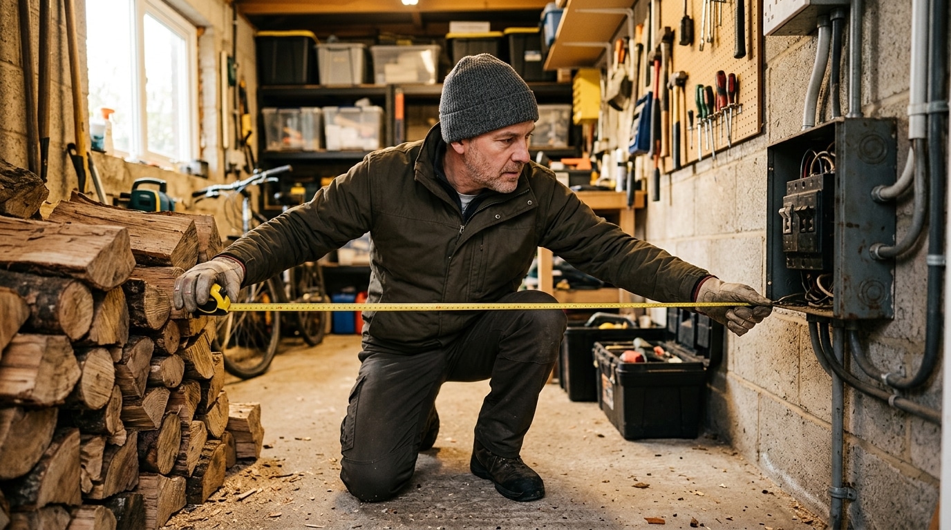 Homme mesurant la distance entre bois et tableau électrique