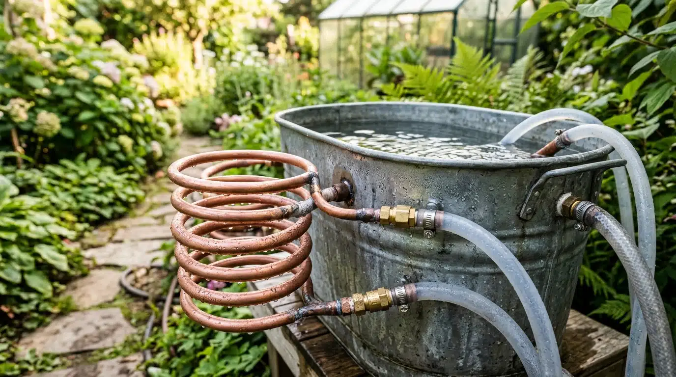 Réservoir métallique relié à des tuyaux enterrés
