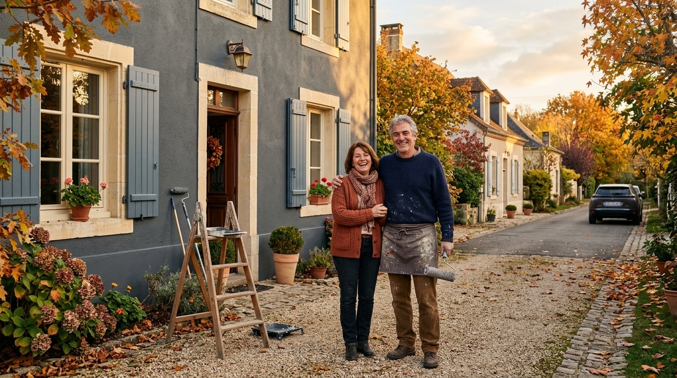Couple devant sa façade repeinte en gris anthracite