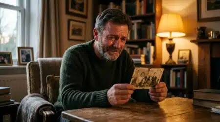 Homme ému regardant une photo ancienne de son enfance