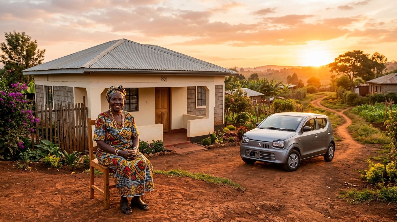 Femme âgée devant sa nouvelle maison et sa voiture